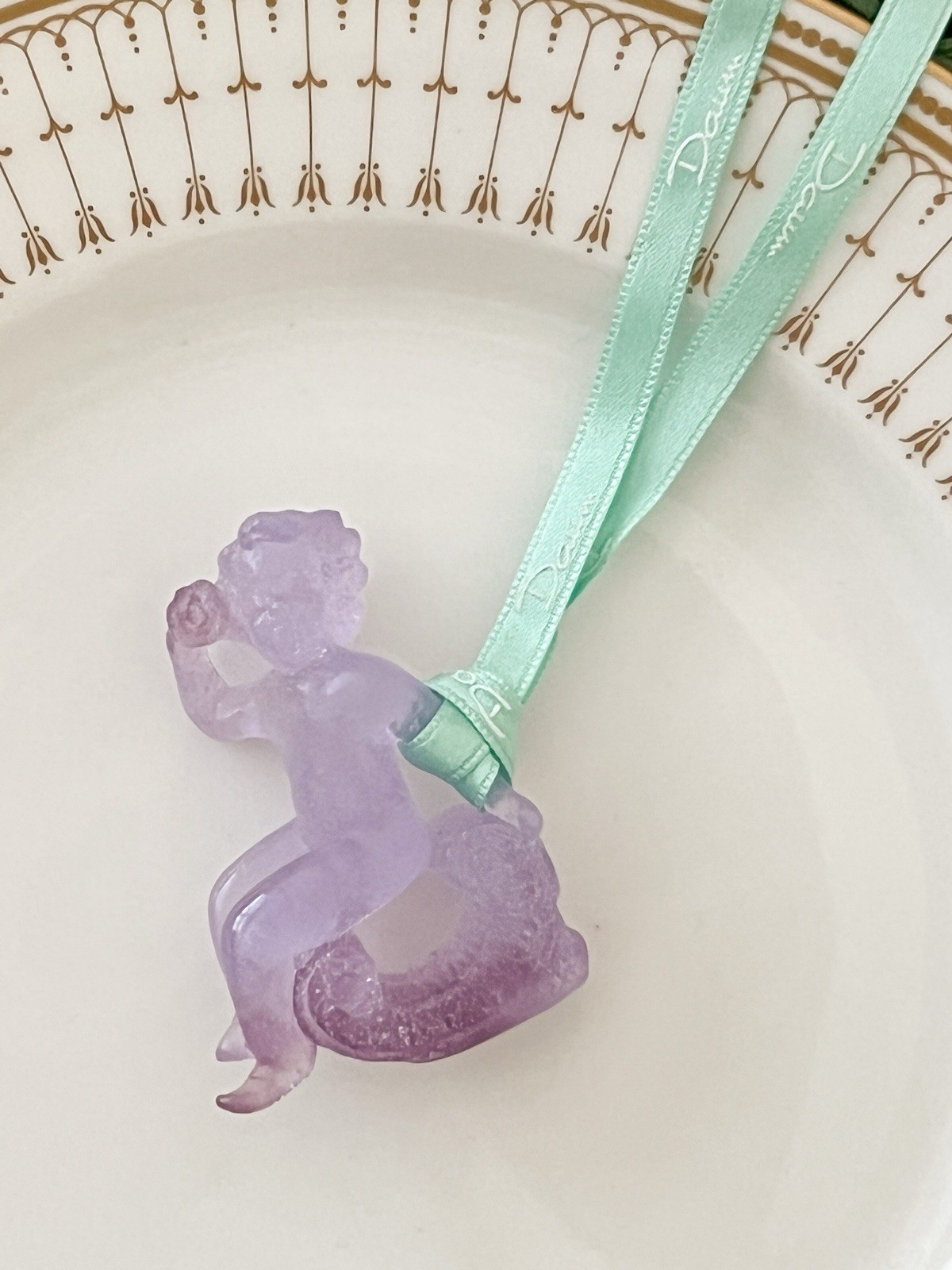 Daum France Crystal Christmas Ornament ANGELOT ET LYRE Amethyst Pate de Verre
