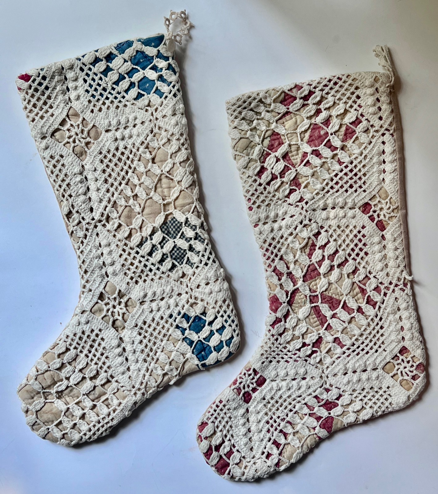 Shabby & Vintage Chic Crochet, Tatted Lace Pink Blue Quilted Christmas Stockings