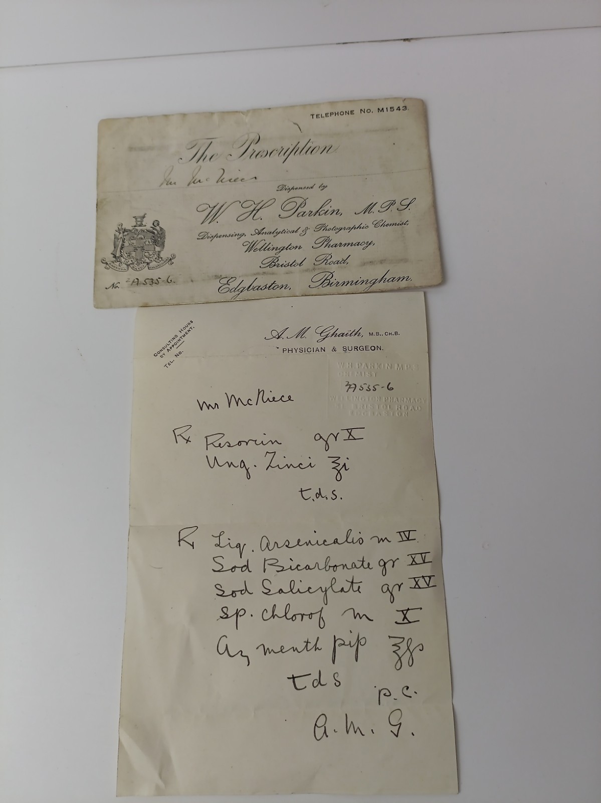 Antique Prescription Envelope  W.H.Parking Wellington Pharmacy Birmingham 