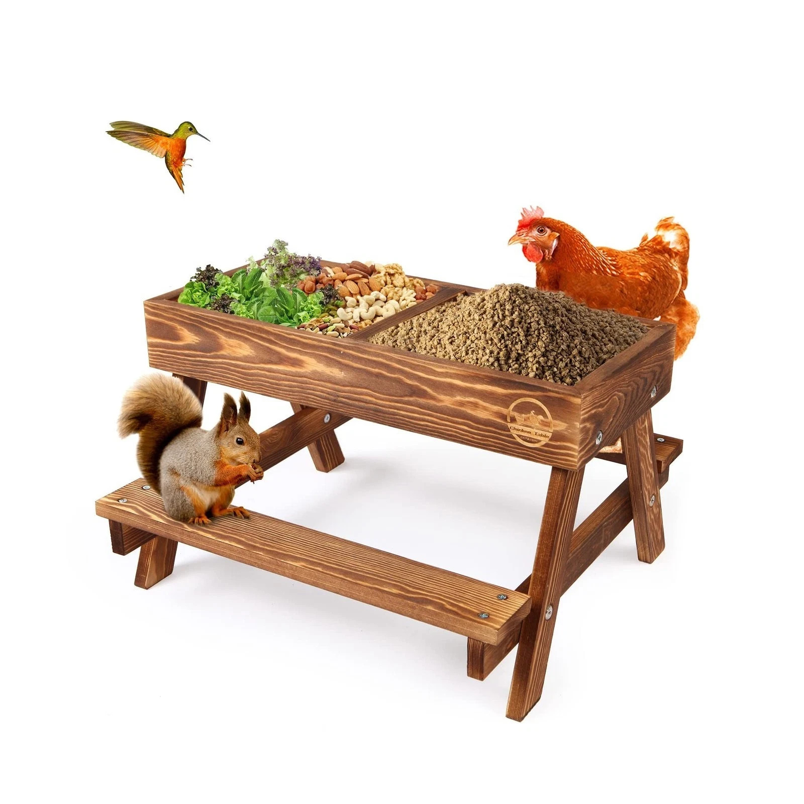 Chicken Table No Waste, Chicken Picnic Feeder Handmade Carbonized Wooden, Lar... Chicken Table No Waste, Chicken Picnic Feeder Handmade Carbonized Wooden, Lar...