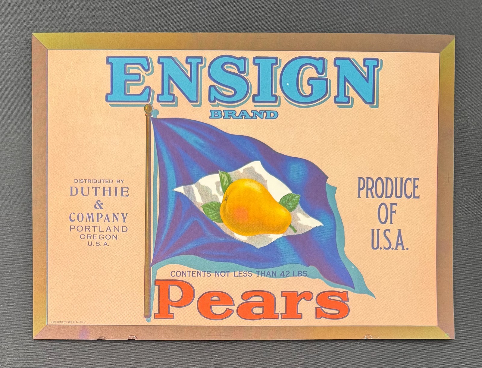 Vintage Ensign Pear Crate Label Duthie Portland Oregon 1940s Original 10.25