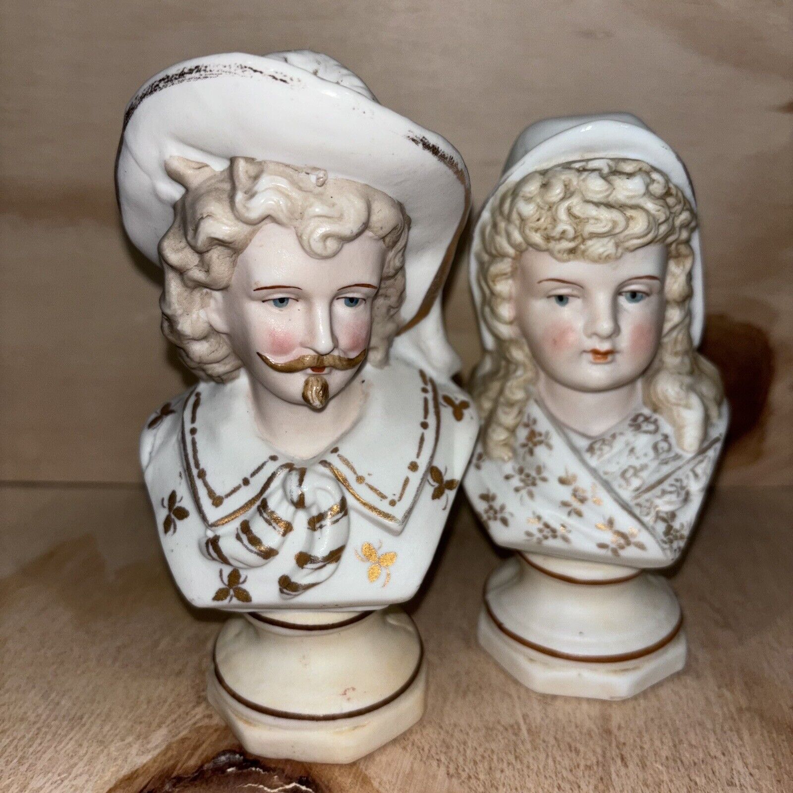 Set Of 2 19th Century German Hand Painted Bisque Porcelain Victorian Busts