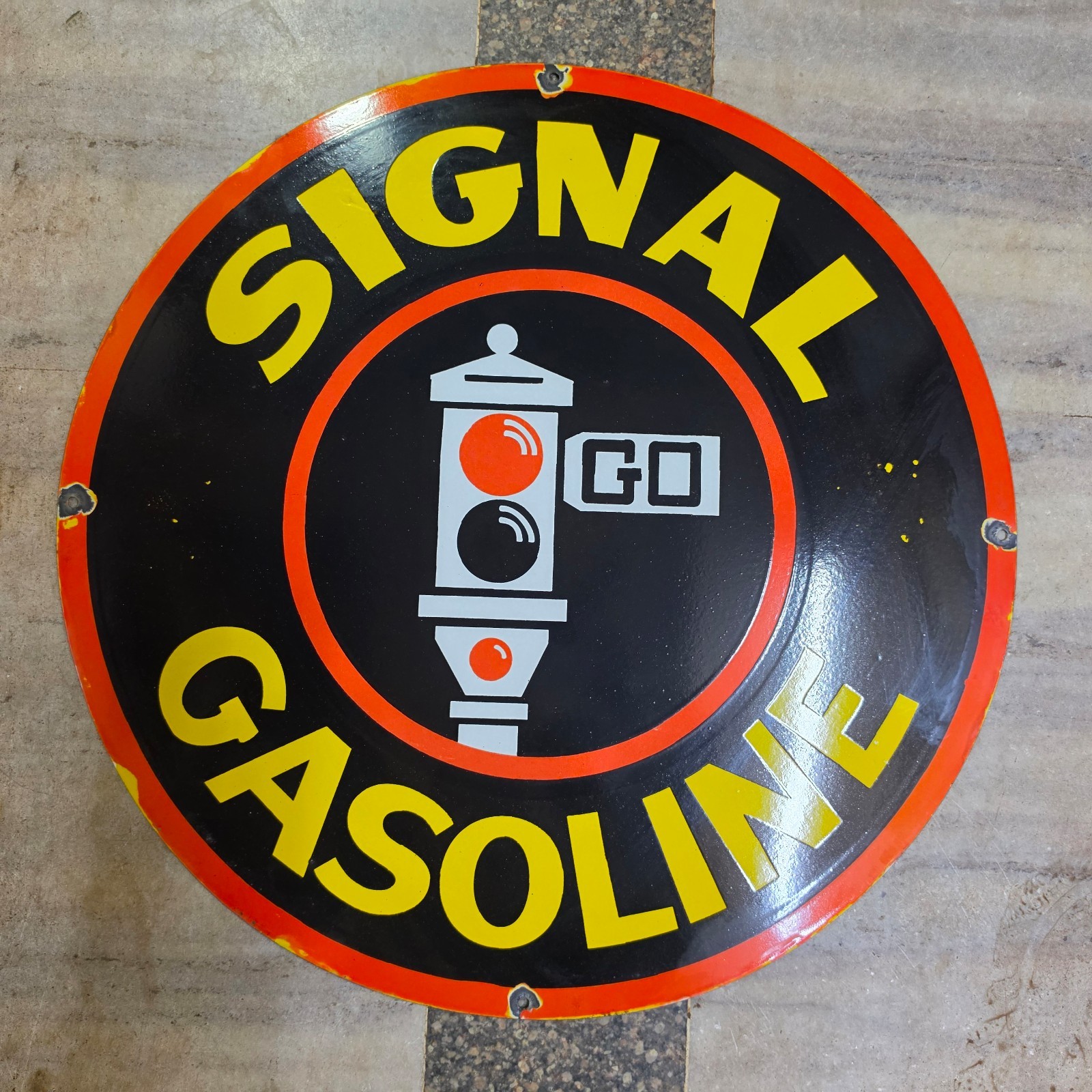 SIGNAL GASOLINE PORCELAIN ENAMEL SIGN 29 X 29 INCHES