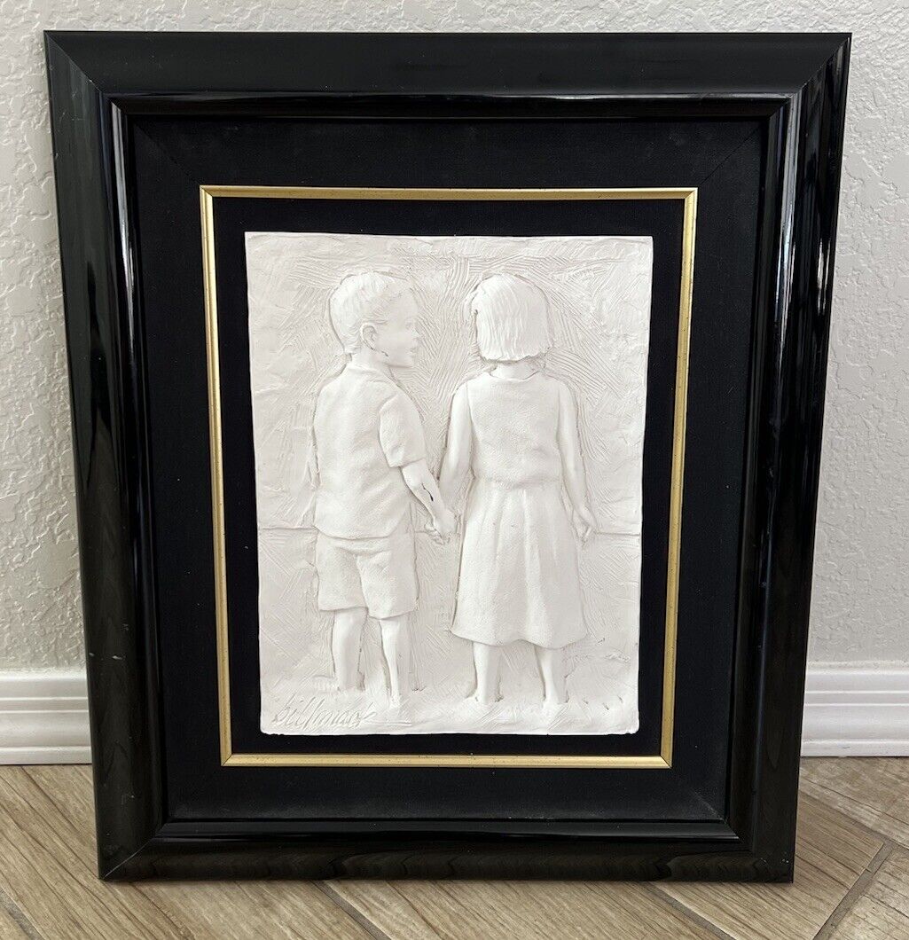 Hand signed, Bill Mack plaster relief depicting boy and girl holding hands AS IS