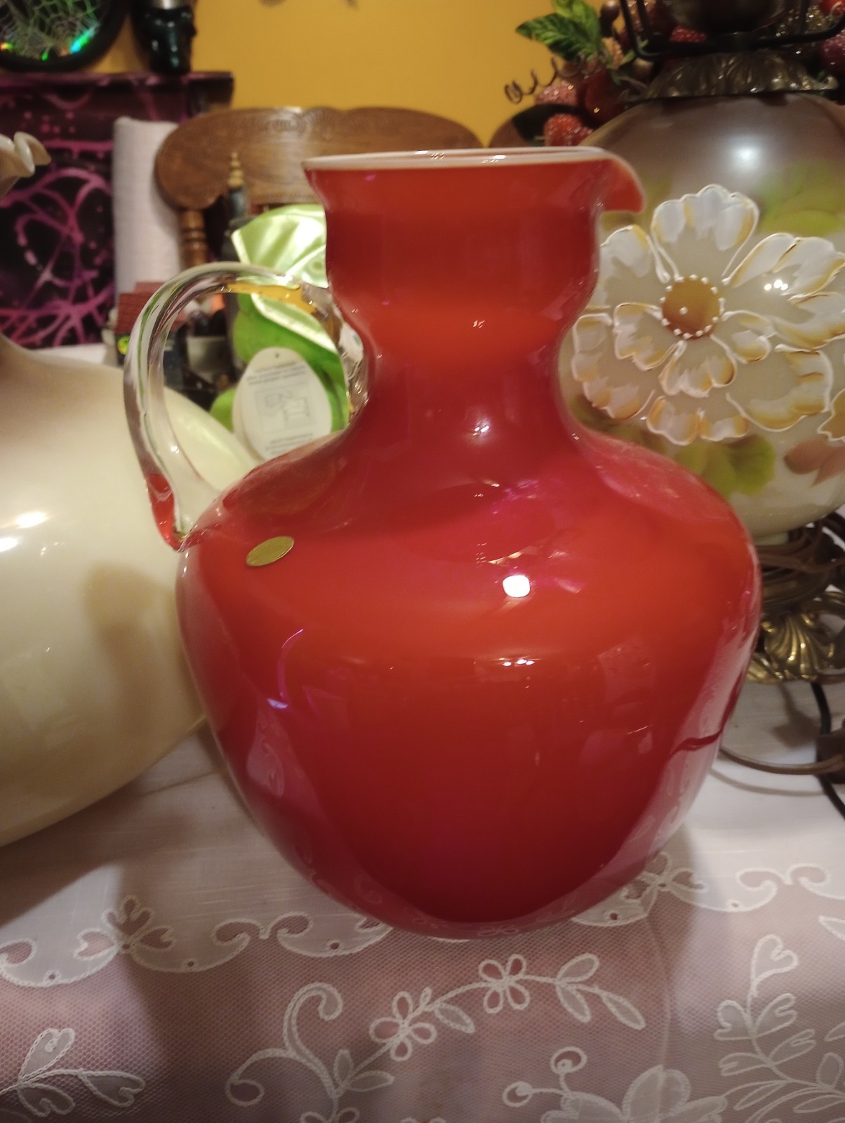 Mid-century Opalina Florentina Red Glass Picture Made In Italy Foil Sticker