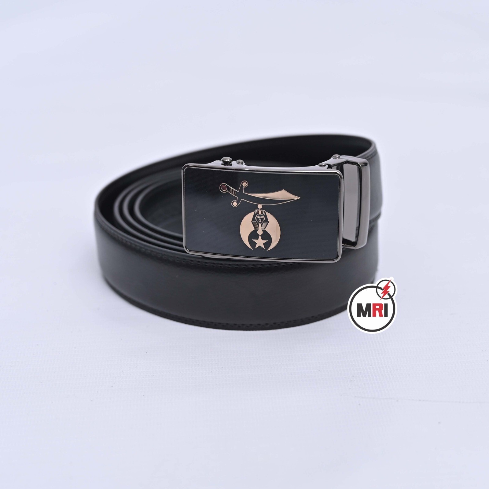Shriner Black Leather Ratchet Belt and Buckle Fits up to 48\