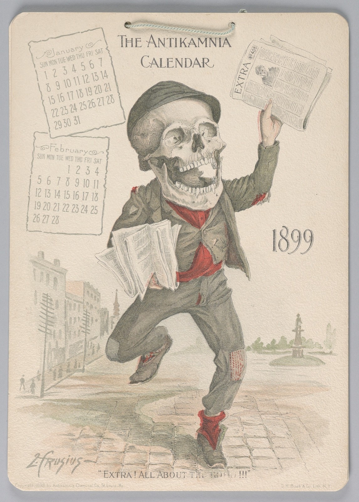 Louis Crusius Antikamnia Calendar 1899 Vintage Skeleton Reprint Wall Art