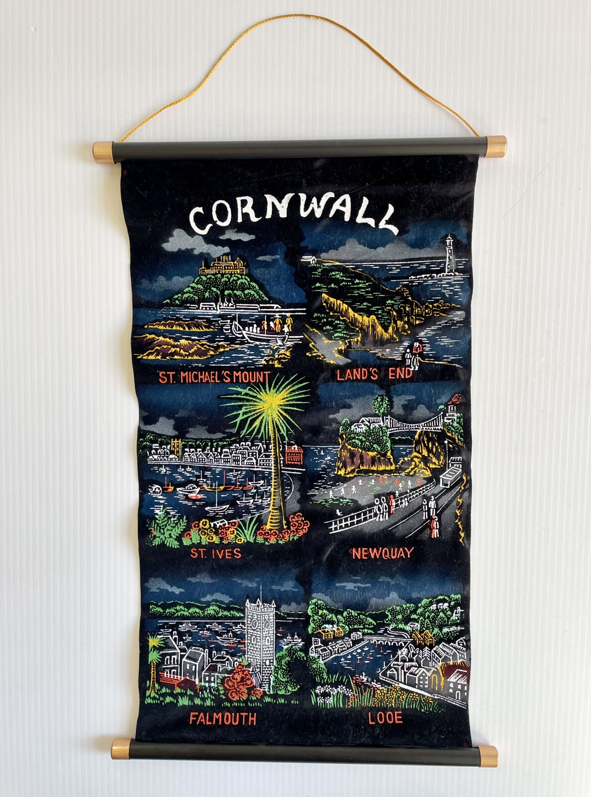 Vintage Cornwall, UK Souvenir Black Velvet Wall Hanging Scroll Retro 20” Vintage Cornwall, UK Souvenir Black Velvet Wall Hanging Scroll Retro 20”