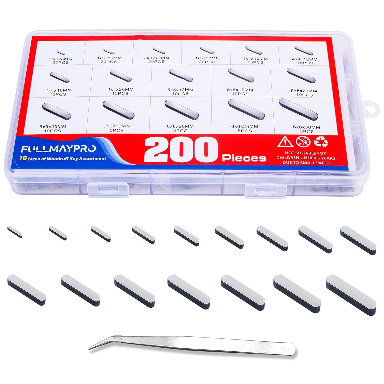 200PCS Round Ended Feather Key, 8MM-30MM Woodruff Key Stock Assortment in 16 Siz