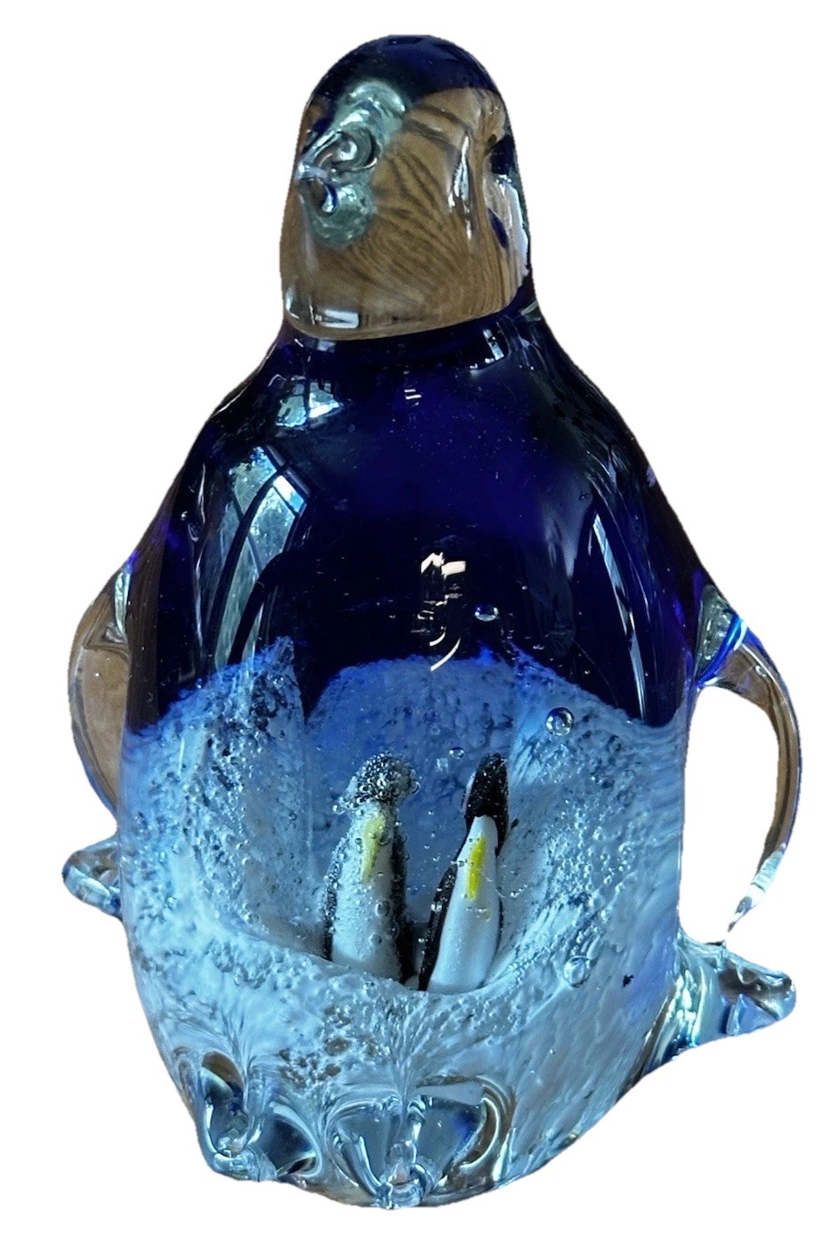 Vintage Penguin Paperweight Art Glass Hand Blown Snow Scape Inside Baby Penguins