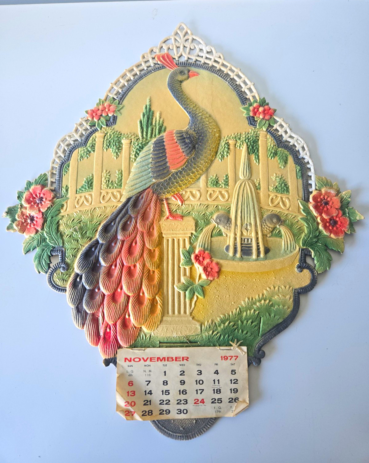 Vintage 1977 Embossed Die Cut Paper Peacock Wall Calendar Litho USA