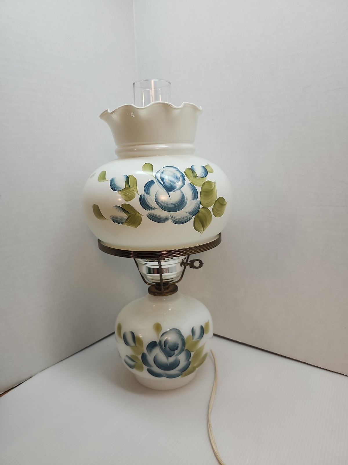 Vintage Hurricane White Glass Lamp Hand Painted Blue Rose Motif