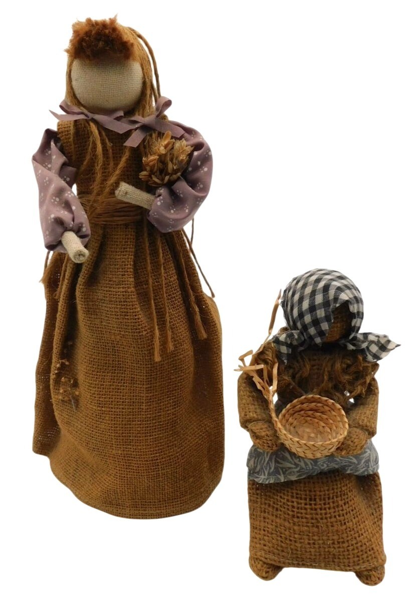 Set of 2 Primitive Burlap Folk Art Figure Decorations Faceless Country Rustic