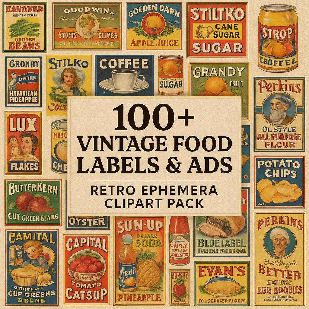 100+ Vintage Food Labels & Ads - Retro Grocery Clipart Ephemera Bundle 100+ Vintage Food Labels & Ads - Retro Grocery Clipart Ephemera Bundle
