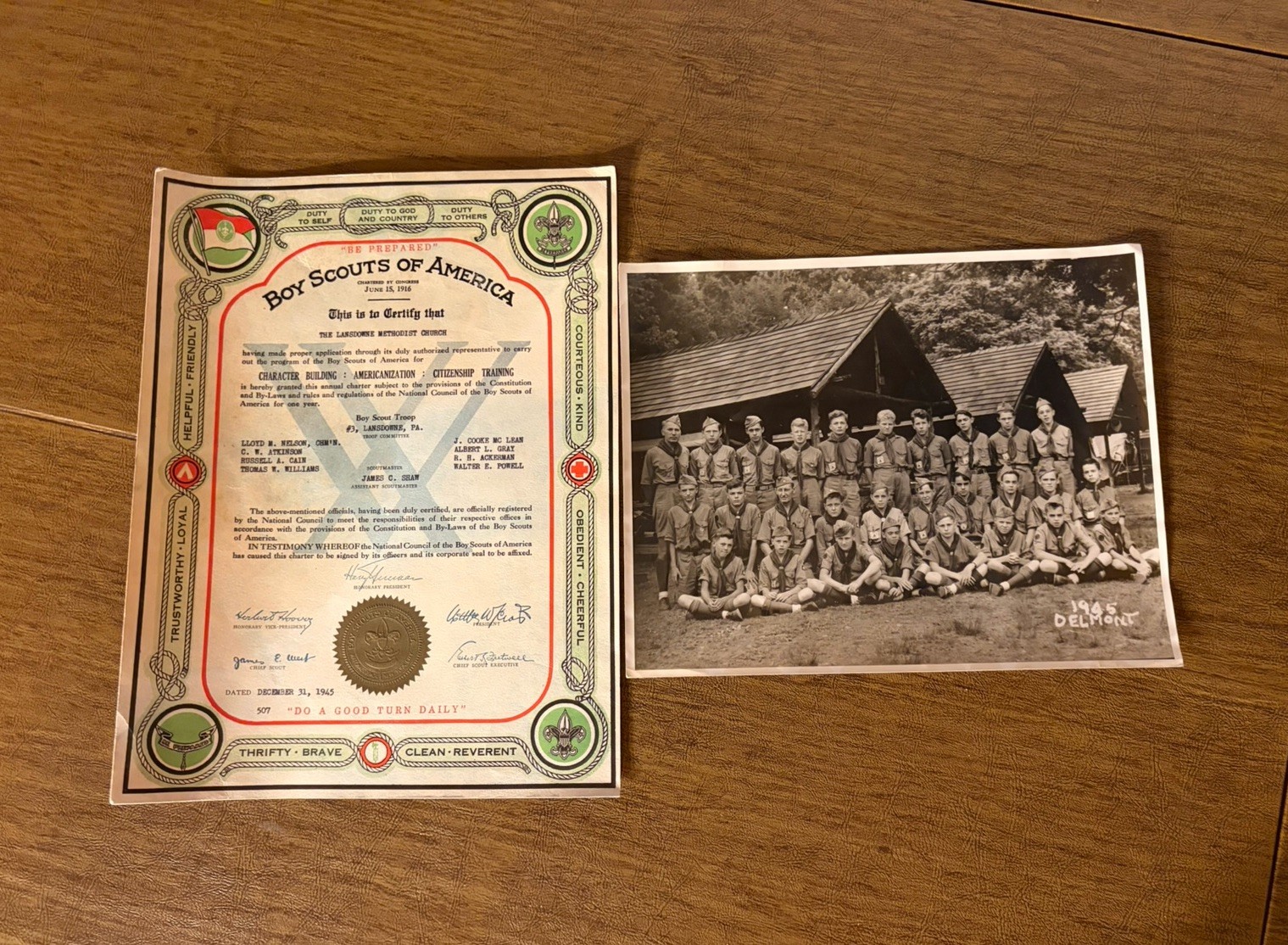 Vintage Original Photo & Charter 1945 BOY SCOUT Camp Delmont Pennsylvania.