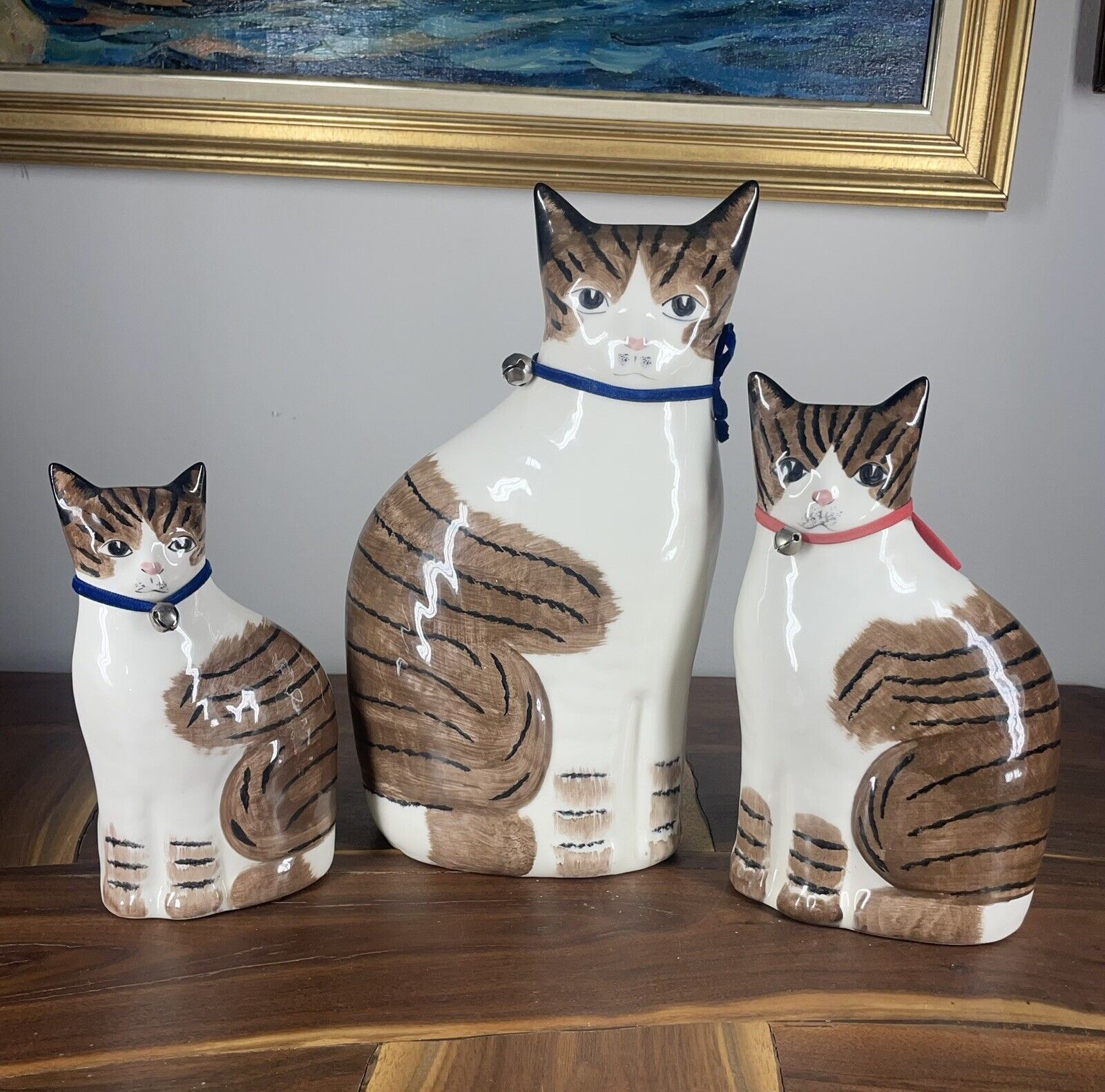 Set of 3 N.S. Gustin Tabby Cat Ceramic Figurines - Hand Painted Folk Art
