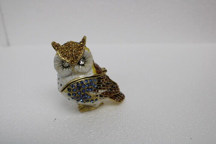 Bejeweled Box Little Owl Hinged Metal Enameled Crystal Trinket Box