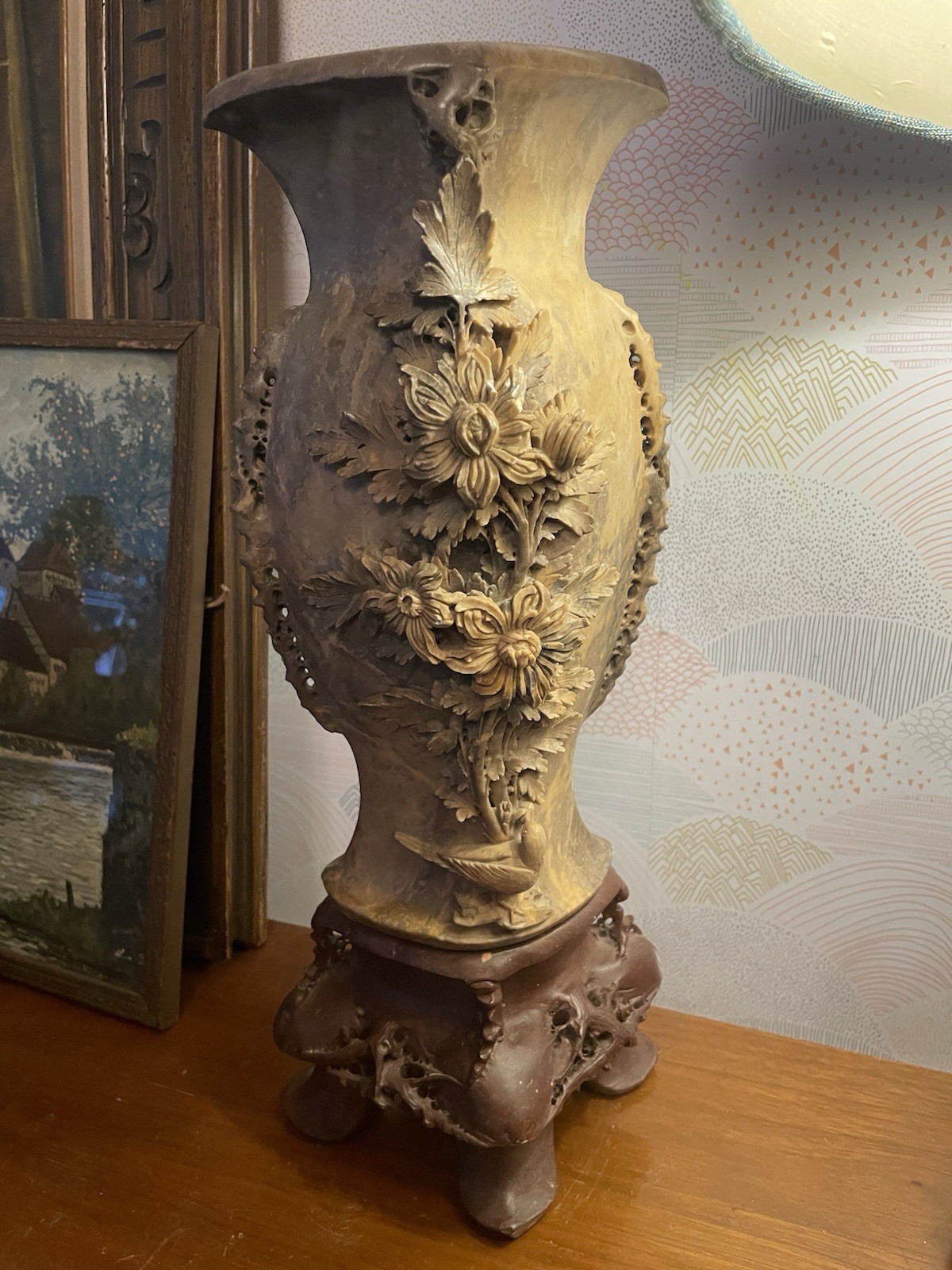 China Soapstone Vase Carved Floral 15.5” Tall