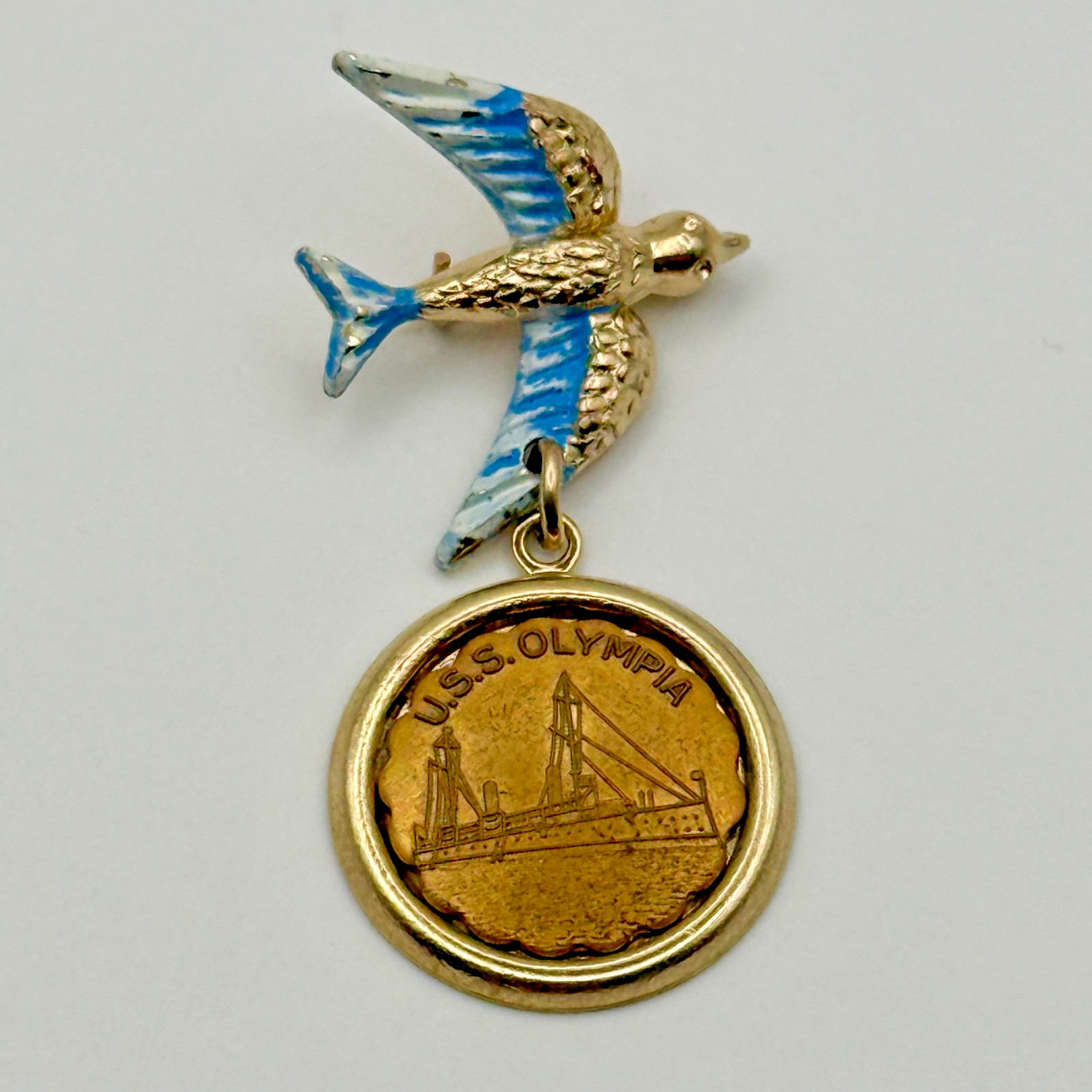 Vintage USS Olympia USN US Navy Bluebird of Happiness Dangle Pin Medal