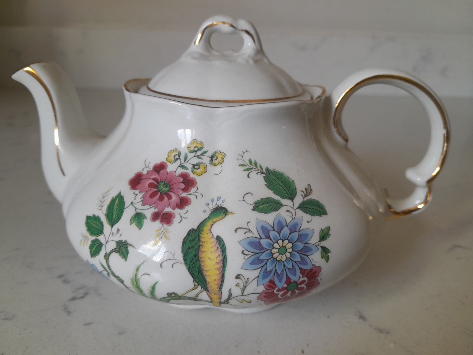 Vintage Ellgreave Ironstone Wood Sons England Teapot #553 Peacock Floral