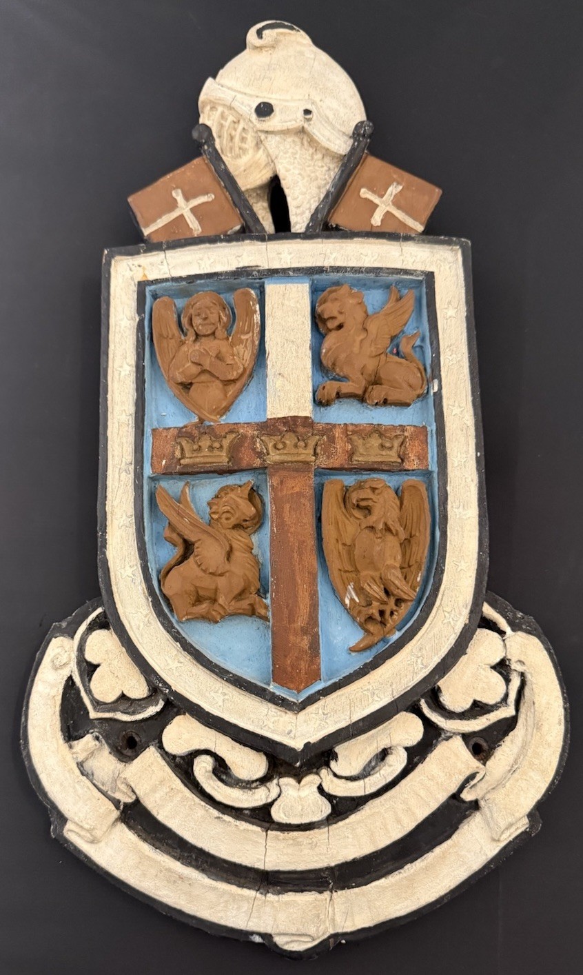 Antique Carved Giltwood Coat of Arms Wall Plaque Heraldic Shield Handmade 15”