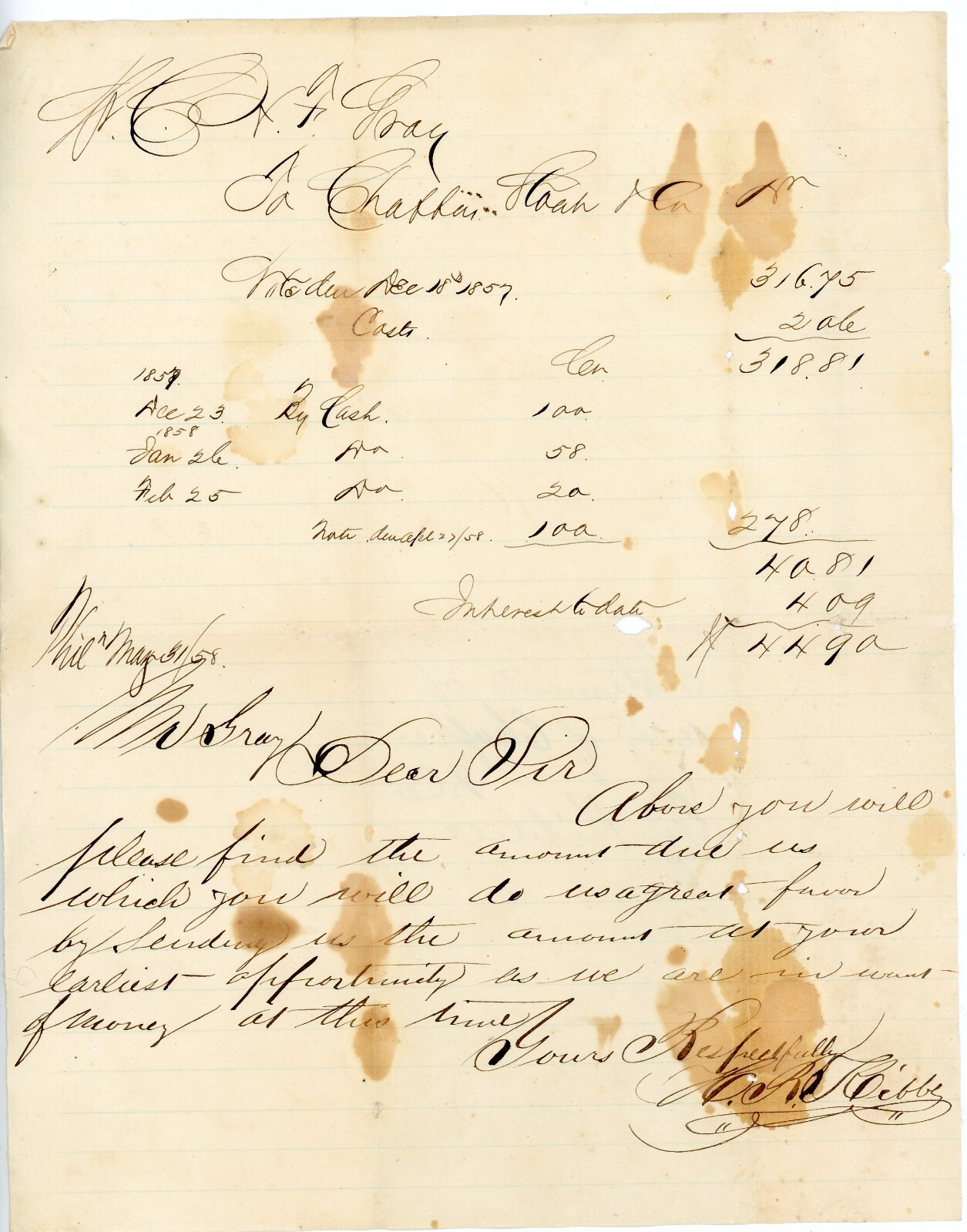1858 Handwritten Bill & Letter from Chaplin Stark & Co to C.H. Gay – Windsor VT