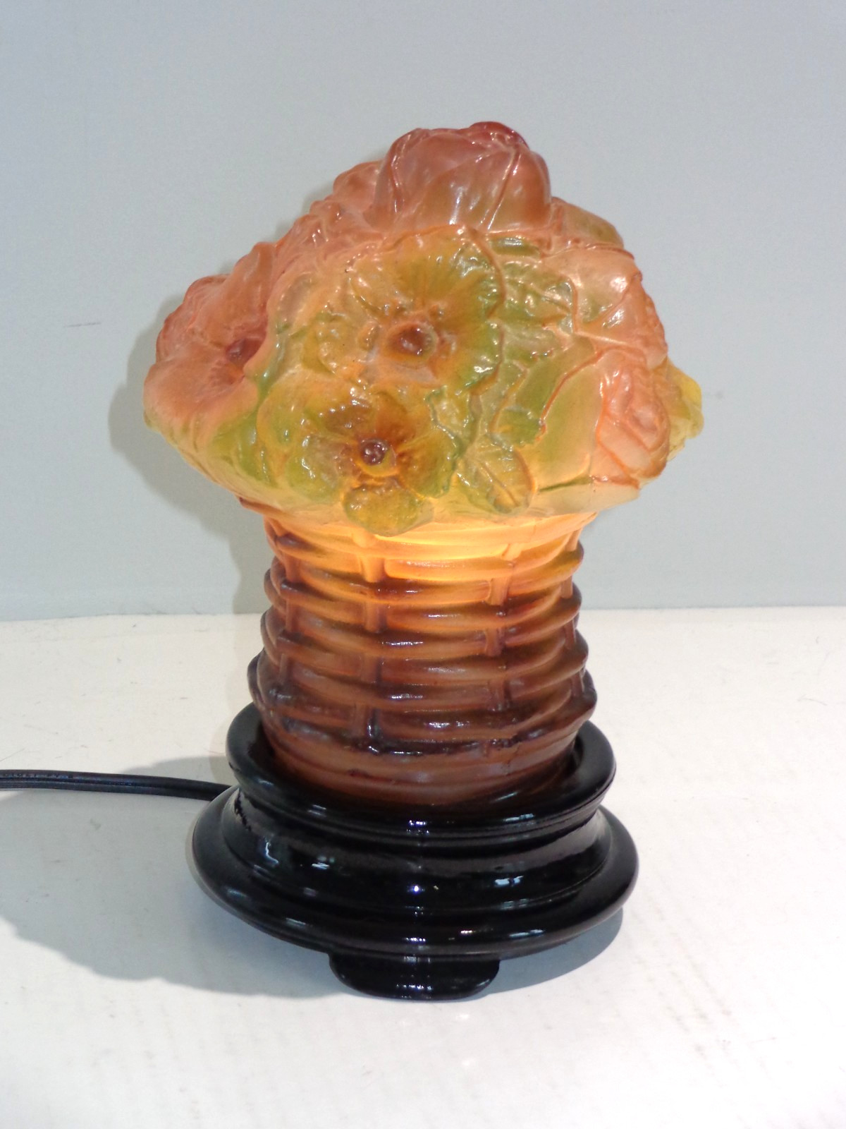Antique Tiffin Glass Puffy Basket of Flowers Night Light Lamp w/ Base