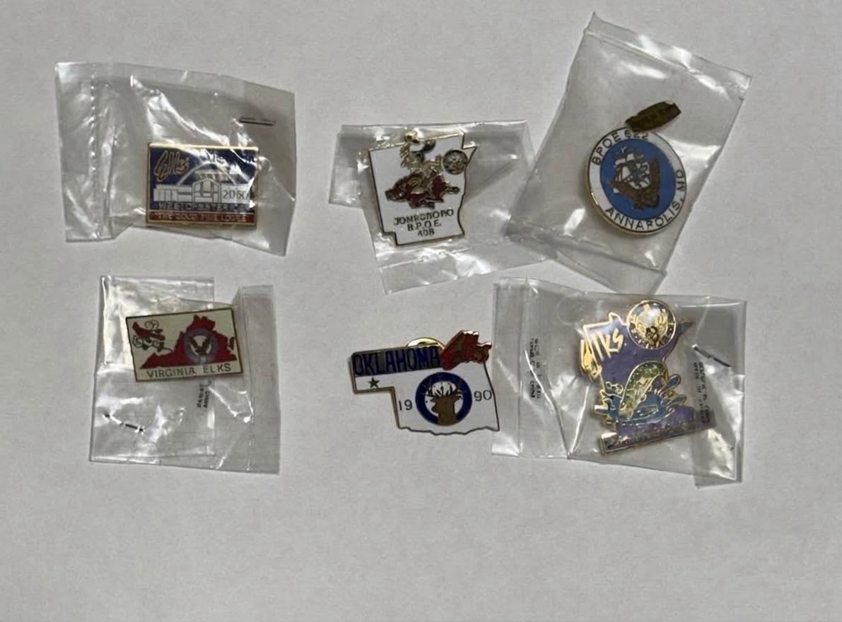 Elks Lodge BPOE Vtg Lot of 6 Lapel Pins Collection; MD, OK, VA, AR, CA & MN