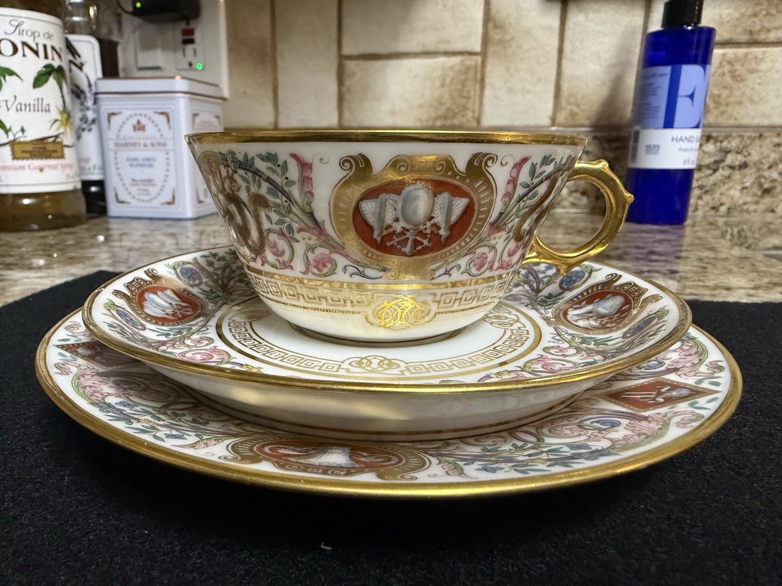 Antique 1846 Chateau De Fontainebleau Sevres Three Piece Cup Saucer Set (inv 7)
