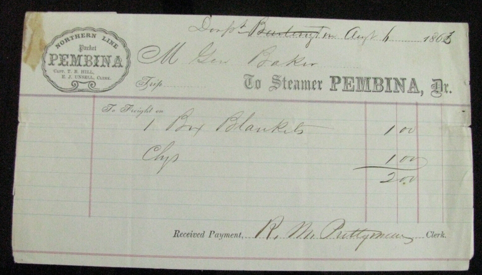 CIVIL WAR MISSISSIPPI RIVER STEAMBOAT IOWA TRANSPORT INVOICE 1863 BURLINGTON