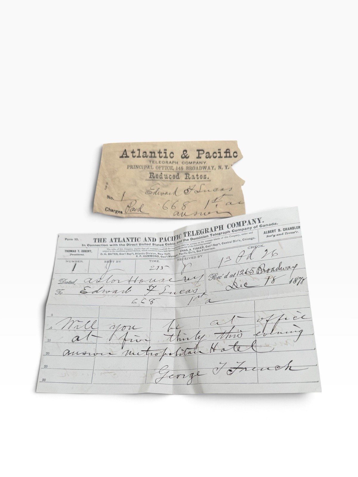 1878 Atlantic & Pacific Telegraph Telegram + Envelope Edward F Lucas NY