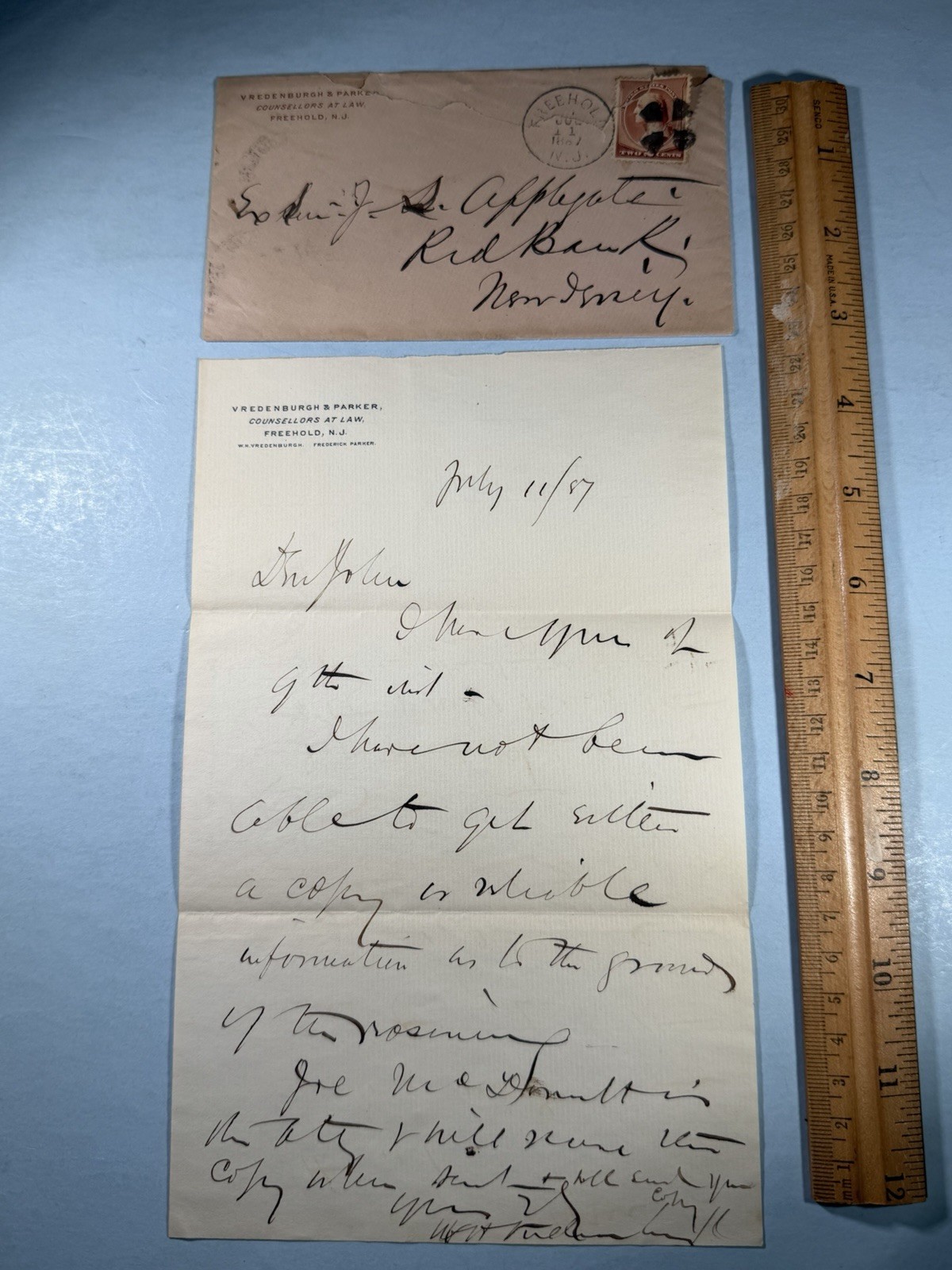 Handwritten Letter Of NJ Justice William Vredenburgh 1887 Handwritten Letter Of NJ Justice William Vredenburgh 1887