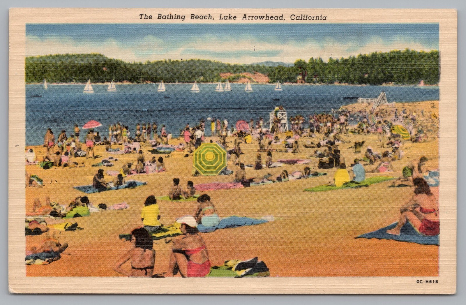 The Bathing Beach, Lake Arrowhead CA California Postcard 1940s Unposted