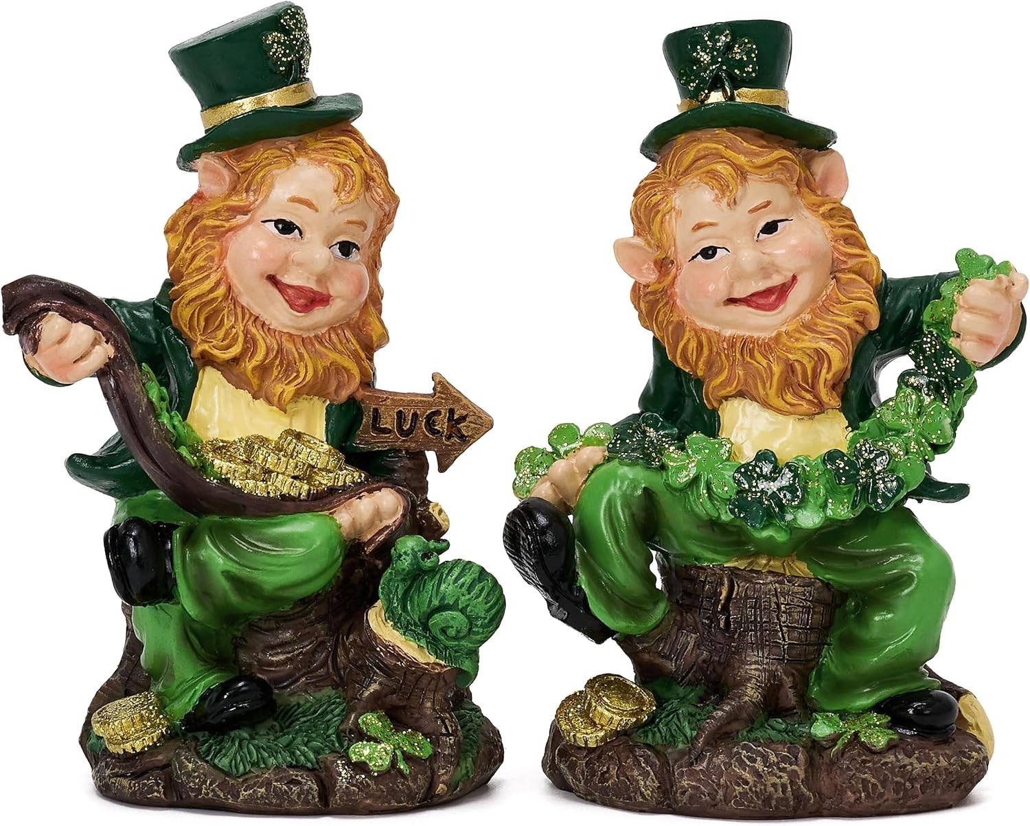 St Patricks Day Leprechaun Figurines, 2Pcs Whimsical Irish Decor with Shamrocks