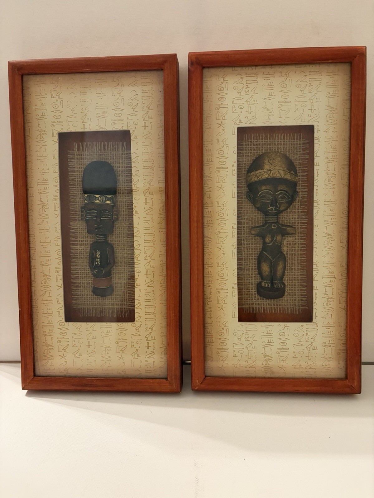 Vtg African Style 3D Carved Wooden Fugurine Shadow Box Wall Art Hanging Pair 14 Vtg African Style 3D Carved Wooden Fugurine Shadow Box Wall Art Hanging Pair 14