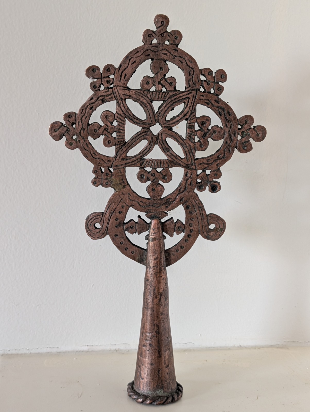 Ethiopian Orthodox Christian Processional Cross - Heavy Hand-Engraved Copper Art