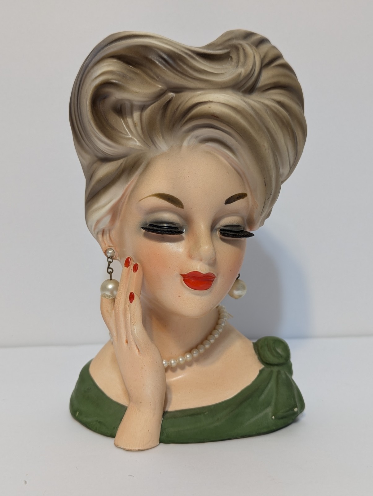 Vtg Lady Head Vase Parma A-174 Green Dress Orig Pearl Necklace Earrings LOOK Vtg Lady Head Vase Parma A-174 Green Dress Orig Pearl Necklace Earrings LOOK