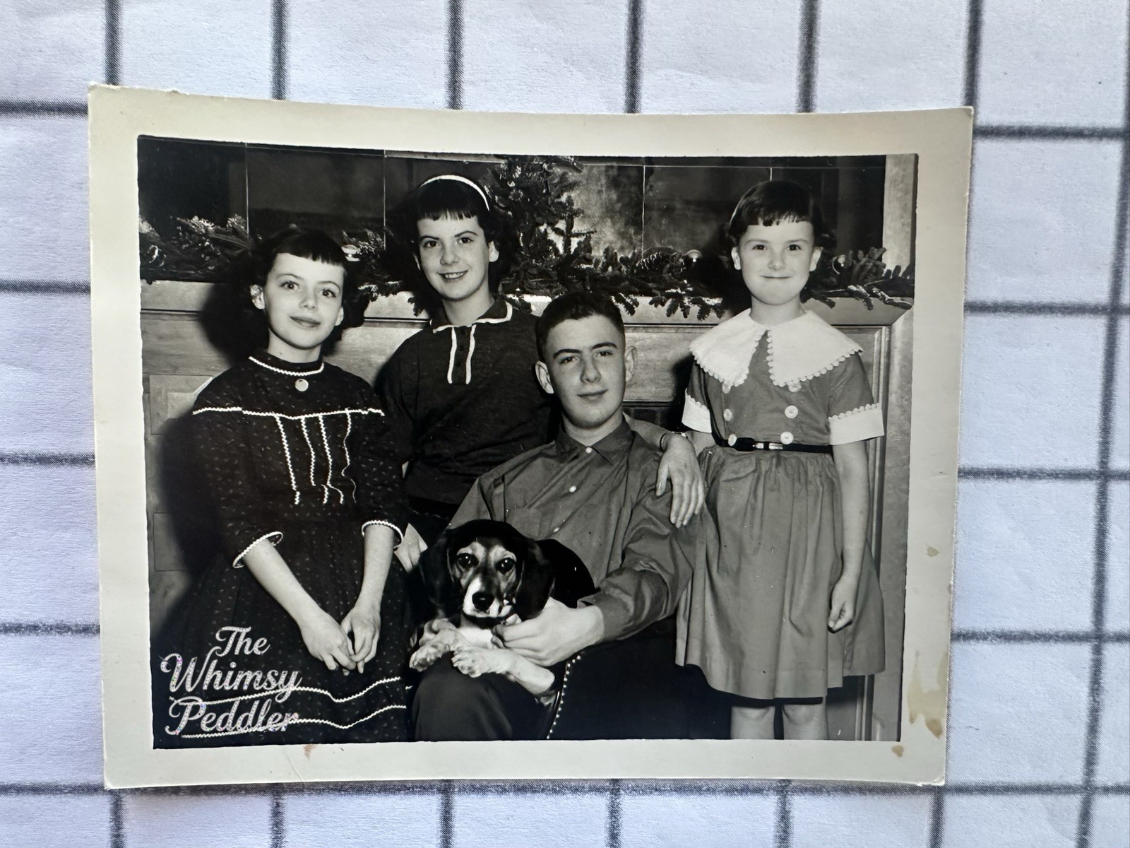 Vintage 1950s Family Portrait Four Young People with Dog Christmas Photo
