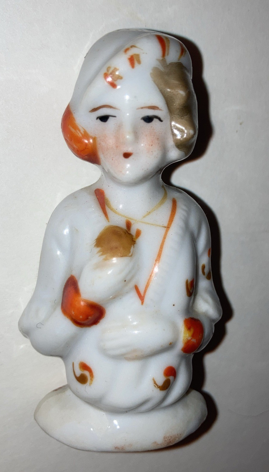 Antique Japan Pin Cushion Sewing Half Doll Figurine hand painted Flapper Girl 