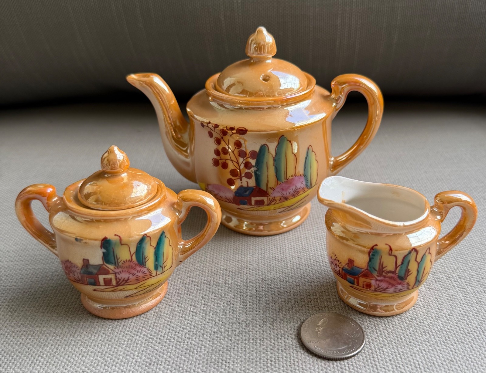 Vintage Japanese Porcelain Lusterware Children\'s Tea Set 5 Pc Cottage Japan