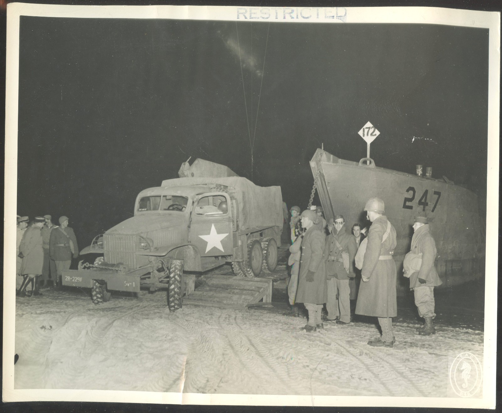 WWII WW2-8 x 10 Photo LANDING CRAFT, TRUCK on Beach RESTRICTED Amphibious Marked
