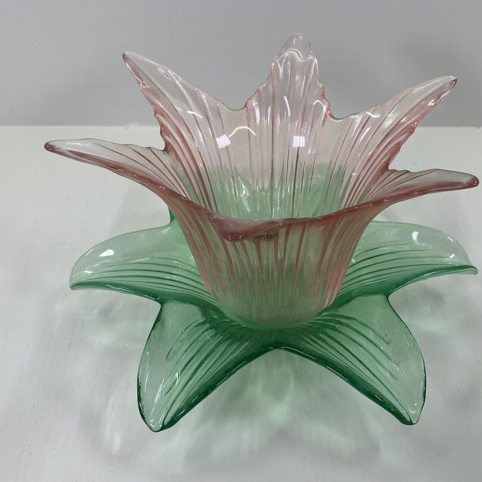 Vetreria Lux Art Glass Flower Design Centerpiece Candle Holder Pink/Green Italy