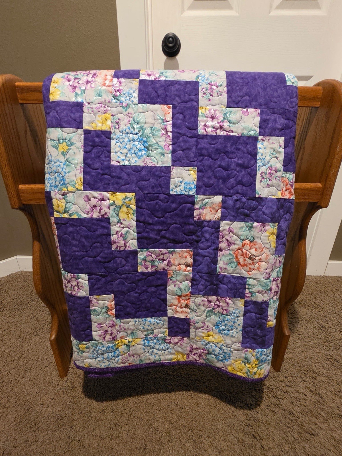 Handmade Purple Floral Geometric Bargello Patchwork Quilt Twin / Throw 83x69