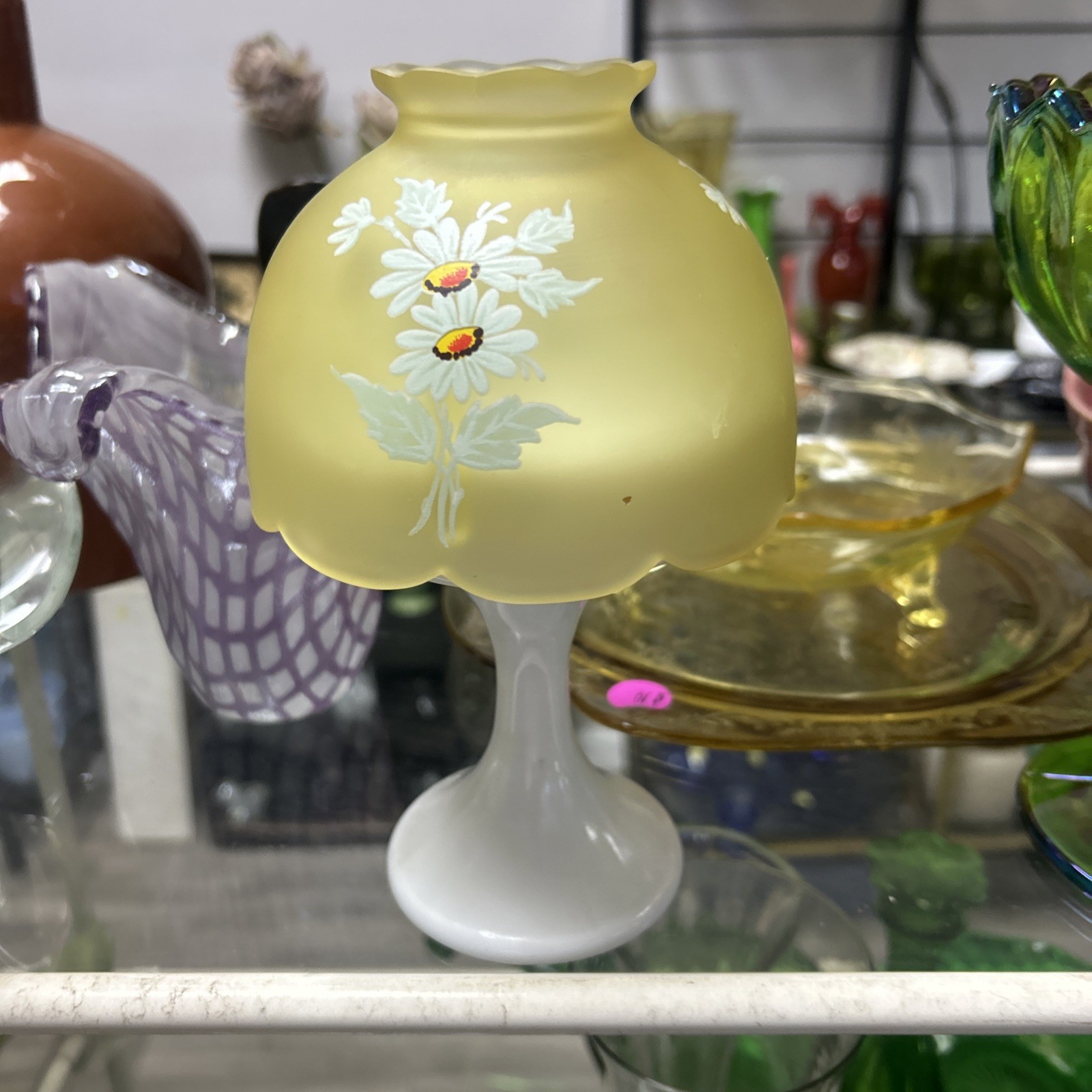 Vintage Westmoreland Fairy Lamp Yellow Satin Hand Painted Daisies 7.5\ Vintage Westmoreland Fairy Lamp Yellow Satin Hand Painted Daisies 7.5\