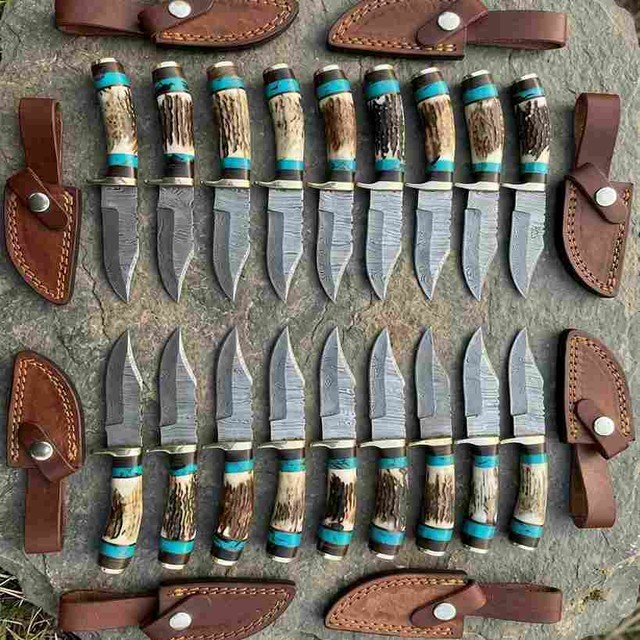 Lot 15 Pcs Damascus Steel Skinner Knife Turquoise Accents