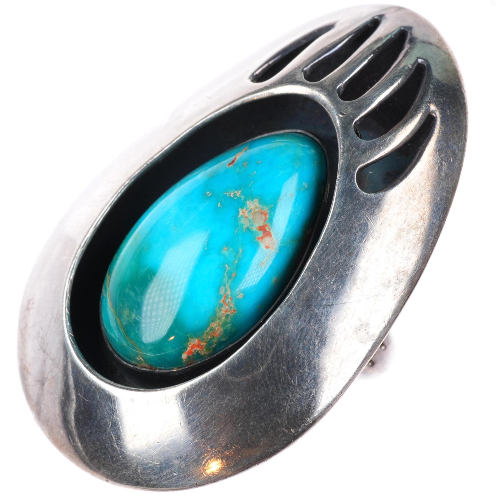 sz8.25 Vintage LC Navajo Blue Gem Turquoise large sterling silver bear paw ring