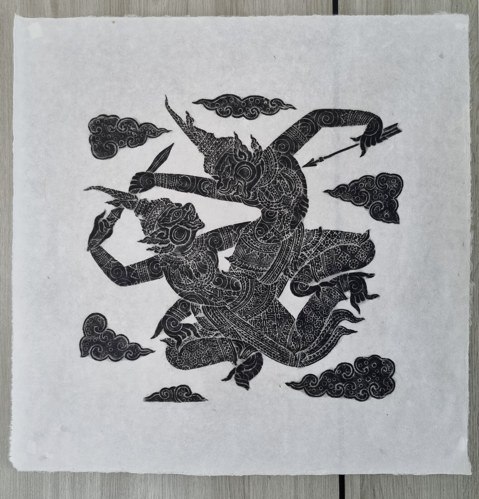 Thai Temple Rubbing Picture Giant Khon Ram War Black Rice Paper Wat Pho Vtg 25