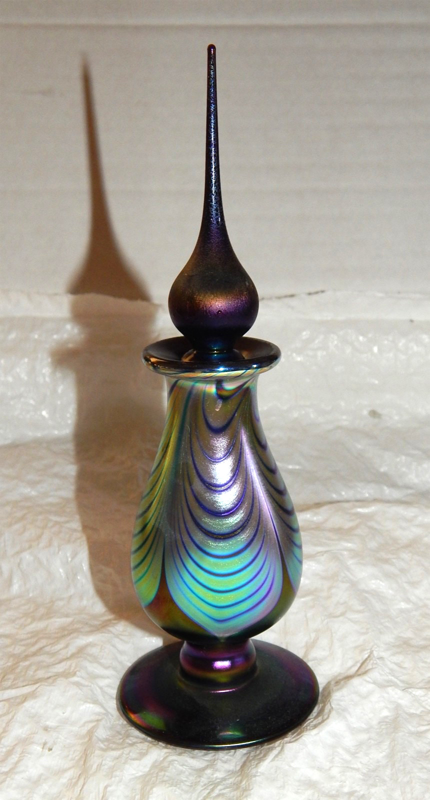 Vintage American Hand-Blown Blue Iridescent Perfume Bottle signed 7