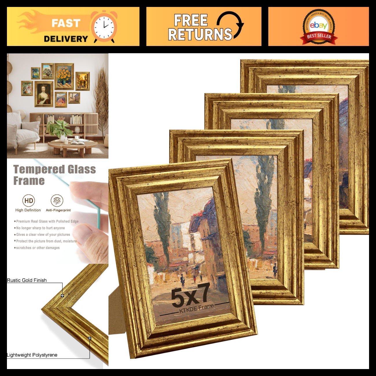 Ornate Vintage Gold 5x7 Picture Frame Set of 4, Real Glass Antique Wall Decor