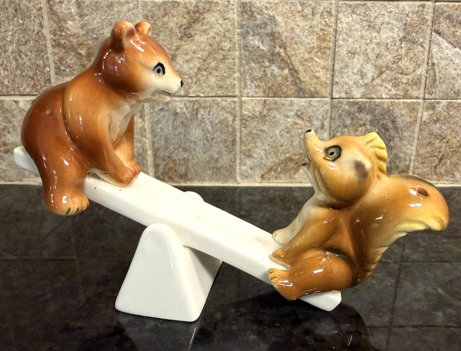 Vtg Anthropomorphic Bone China Bear/Squirrel See Saw Salt & Pepper Shakers